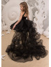 Black Satin Tulle High-low Flower Girl Dress With Beaded Sash